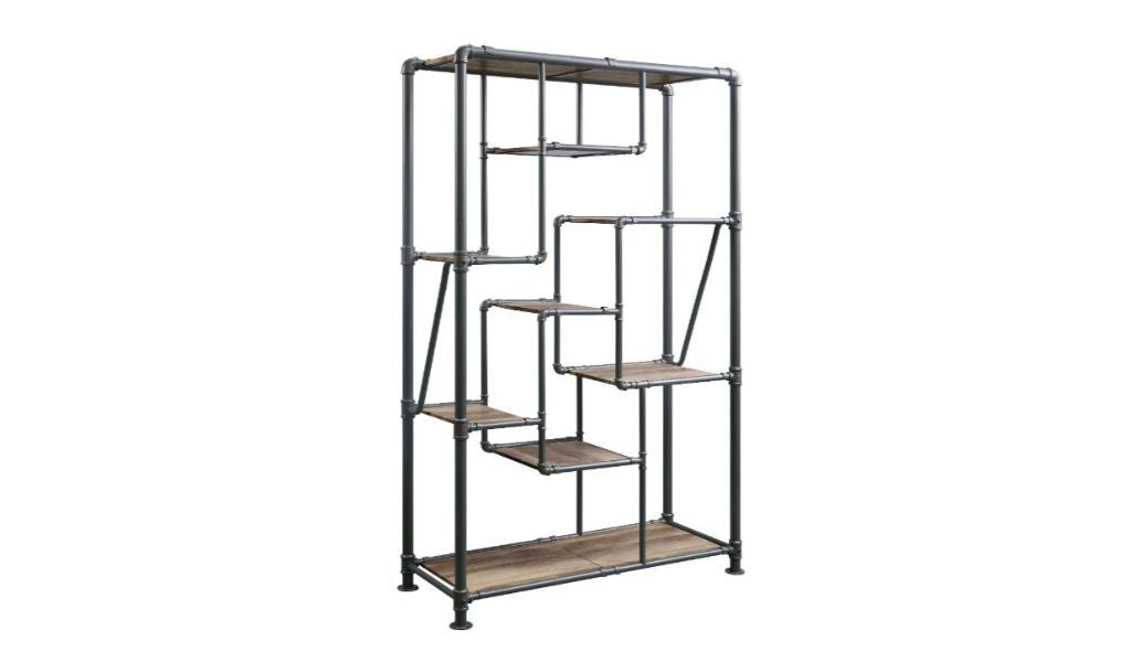 75" Antique Oak And Gray Metal Eight Tier Industrial Bookcase