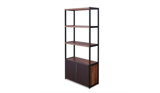 70" Brown and Black Metal Three Tier Bookcase with Two doors - FurniFindUSA
