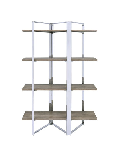 72" Natural And Silver Metal and Wood Four Tier Etagere Bookcase HomeRoots