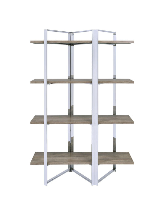72" Brown and Silver Metal Four Tier Etagere Bookcase - FurniFindUSA