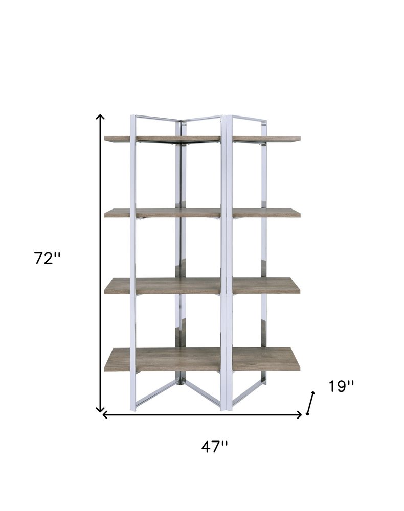 72" Natural And Silver Metal and Wood Four Tier Etagere Bookcase HomeRoots