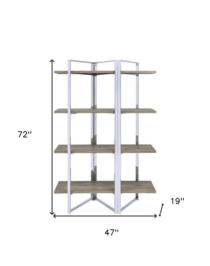 72" Natural And Silver Metal and Wood Four Tier Etagere Bookcase HomeRoots