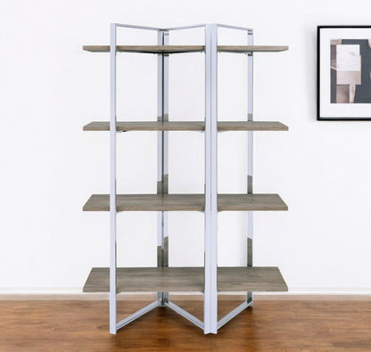 72" Natural And Silver Metal and Wood Four Tier Etagere Bookcase HomeRoots