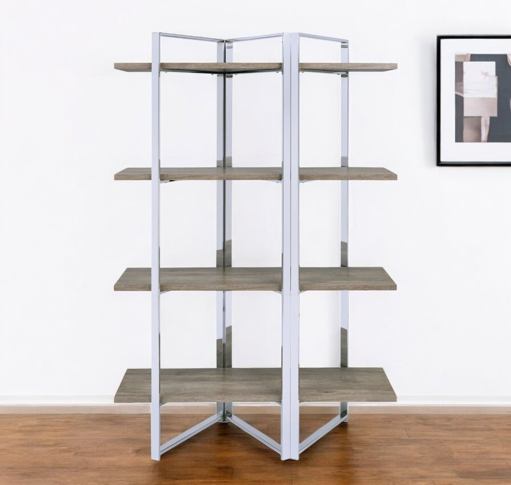 72" Natural And Silver Metal and Wood Four Tier Etagere Bookcase HomeRoots