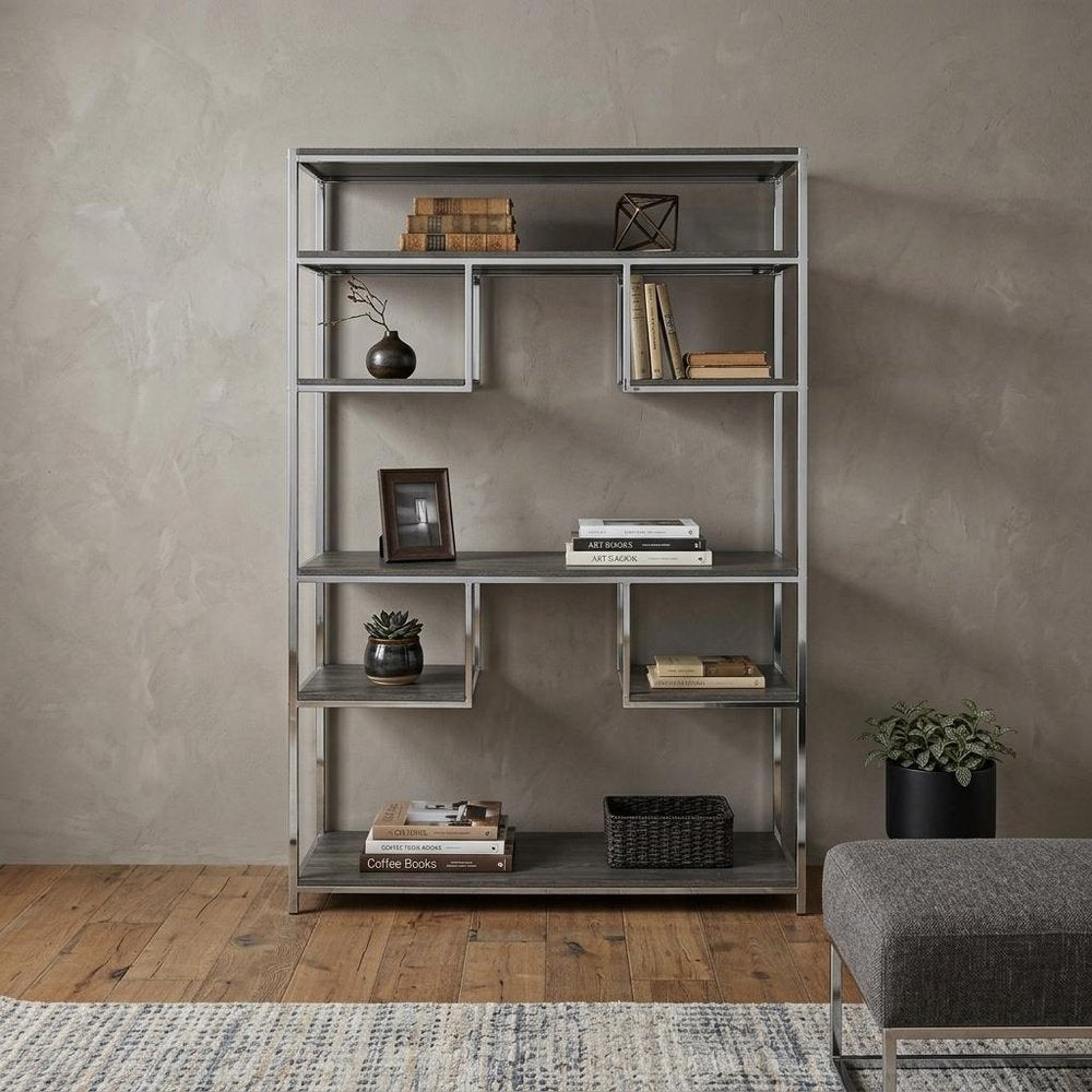 Gray And Silver Metal Seven Tier Geometric Bookcase HomeRoots