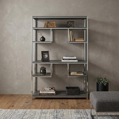 Gray And Silver Metal Seven Tier Geometric Bookcase HomeRoots