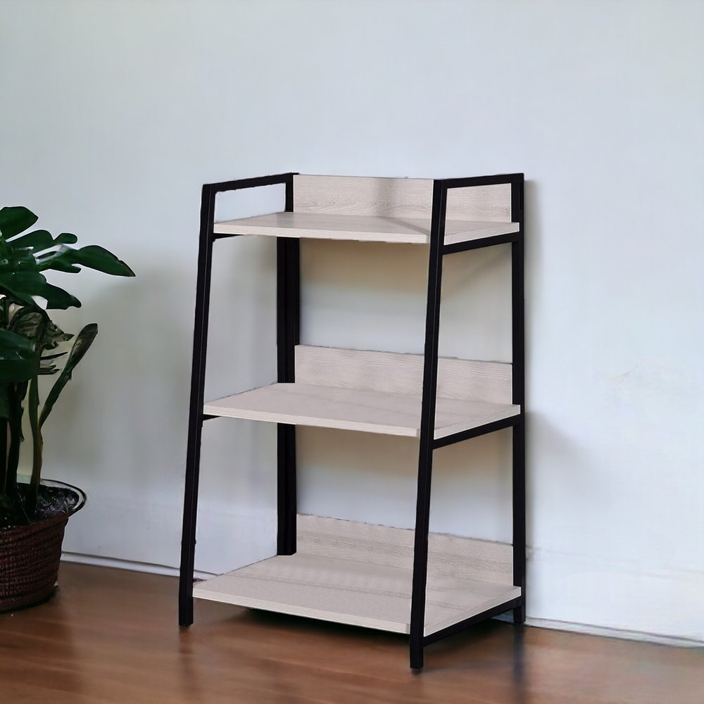 37" Natural and Black Metal Three Tier Ladder Bookcase HomeRoots