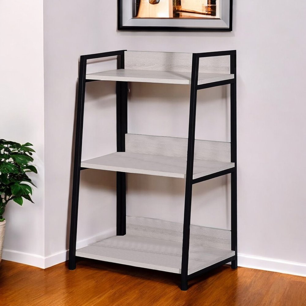 37" Natural and Black Metal Three Tier Ladder Bookcase HomeRoots