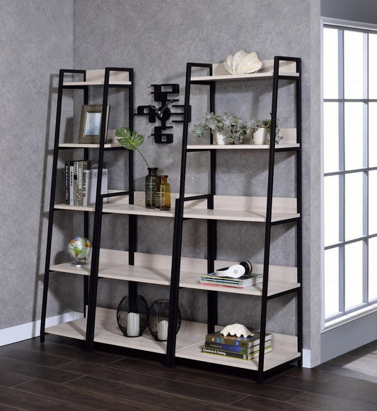 37" Natural and Black Metal Three Tier Ladder Bookcase HomeRoots