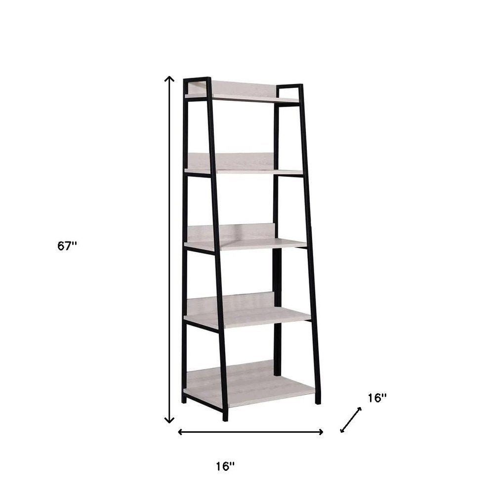 67" Natural and Black Metal Five Tier Ladder Bookcase HomeRoots
