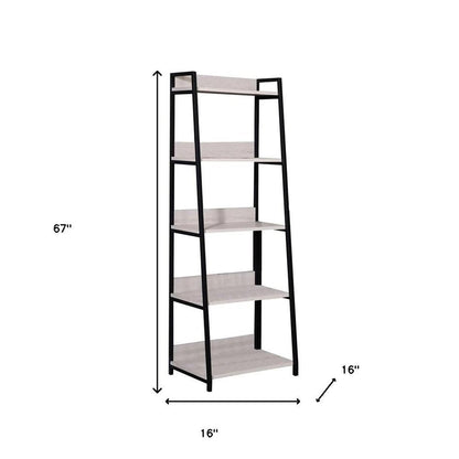 67" Natural and Black Metal Five Tier Ladder Bookcase HomeRoots