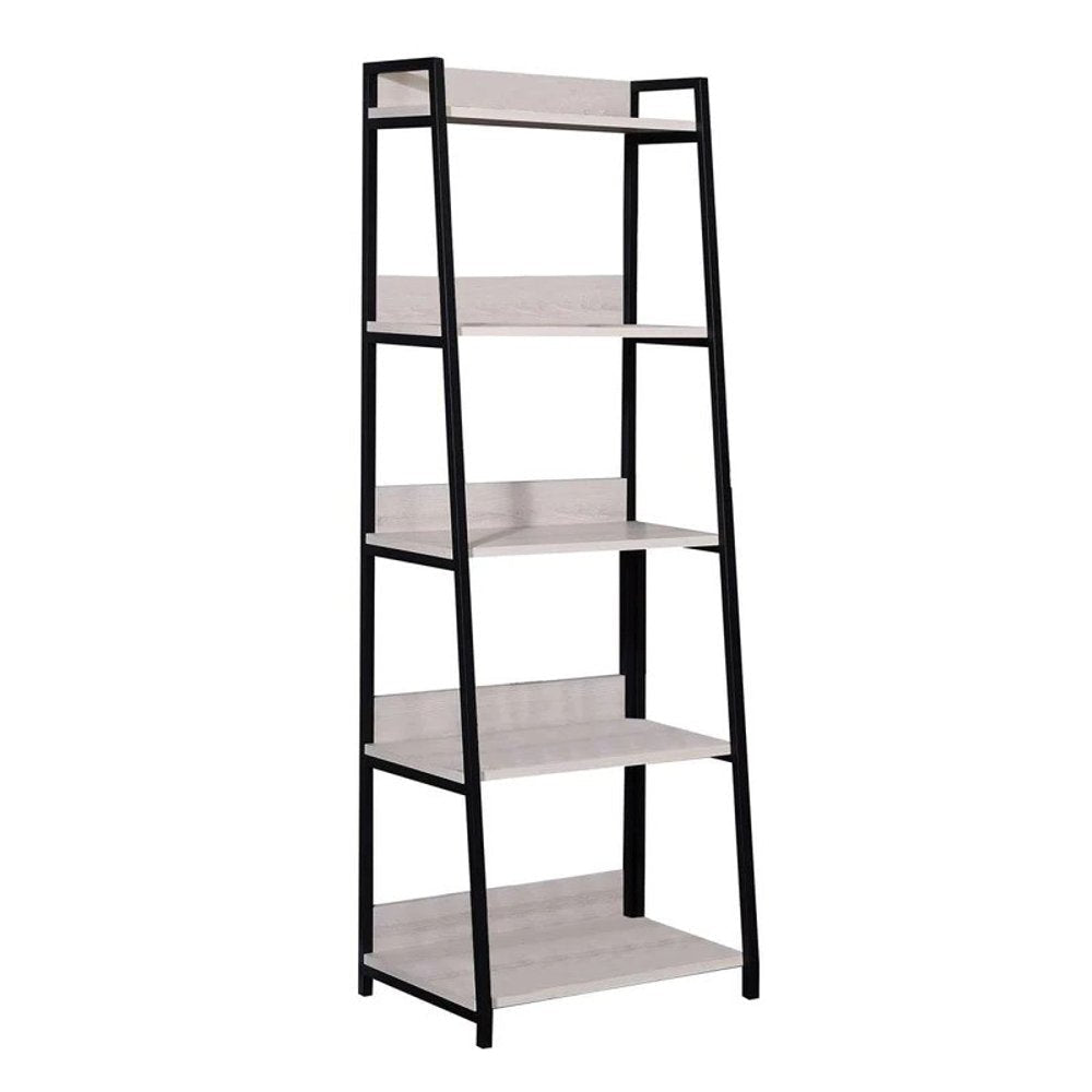 67" Natural and Black Metal Five Tier Ladder Bookcase HomeRoots