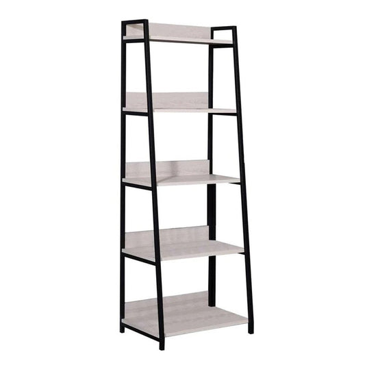 67" Natural and Black Metal Five Tier Ladder Bookcase HomeRoots