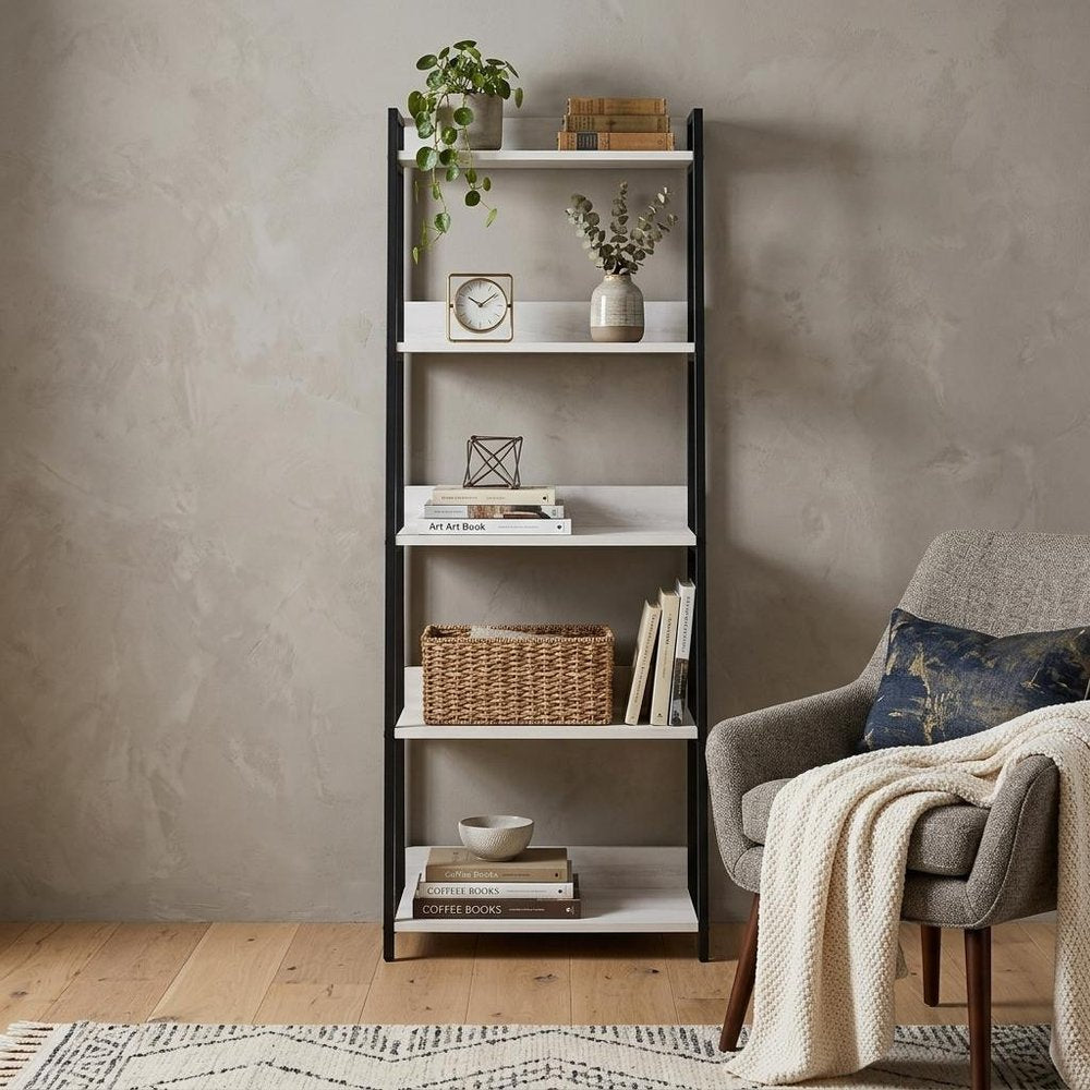 67" Natural and Black Metal Five Tier Ladder Bookcase HomeRoots