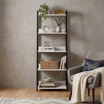 67" Natural and Black Metal Five Tier Ladder Bookcase HomeRoots