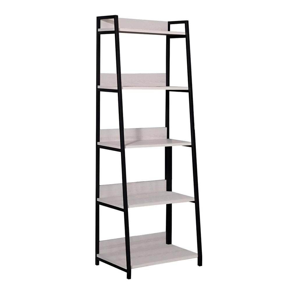 67" Natural and Black Metal Five Tier Ladder Bookcase HomeRoots
