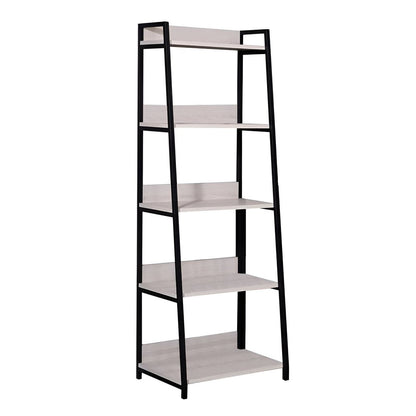 67" Natural and Black Metal Five Tier Ladder Bookcase HomeRoots