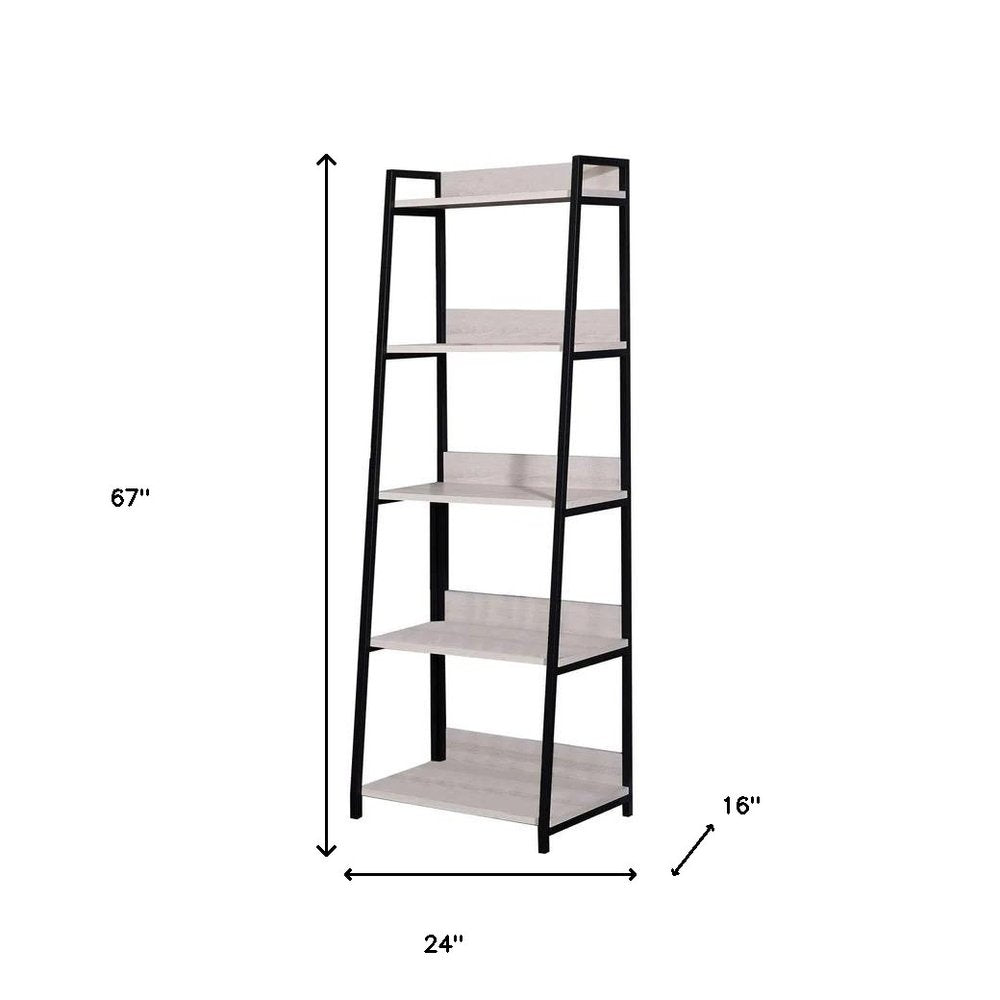 67" Natural and Black Metal Five Tier Ladder Bookcase HomeRoots