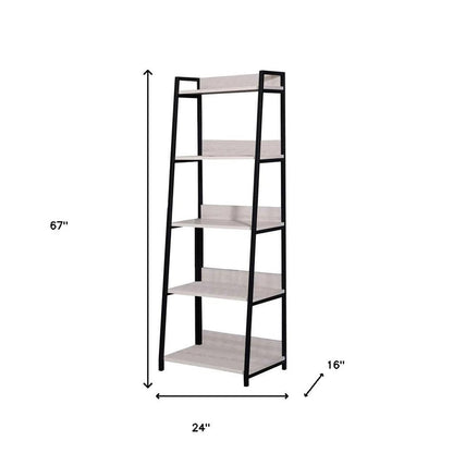 67" Natural and Black Metal Five Tier Ladder Bookcase HomeRoots