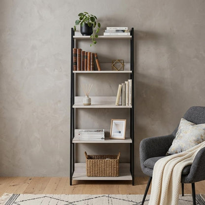 67" Natural and Black Metal Five Tier Ladder Bookcase HomeRoots