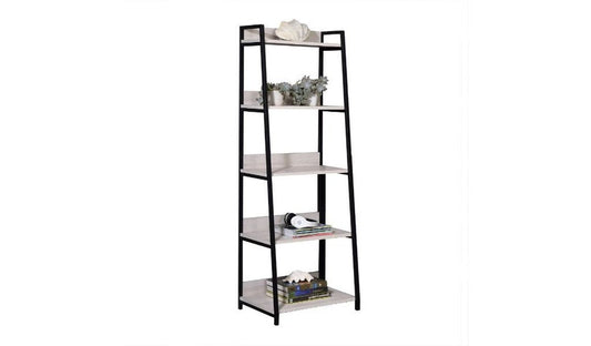 67" Natural and Black Metal Five Tier Ladder Bookcase HomeRoots