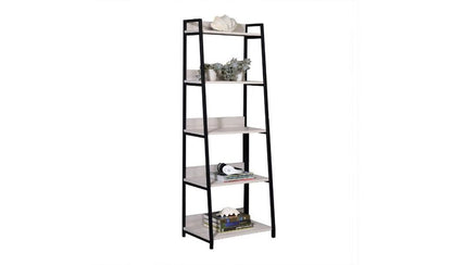 67" Natural and Black Metal Five Tier Ladder Bookcase HomeRoots