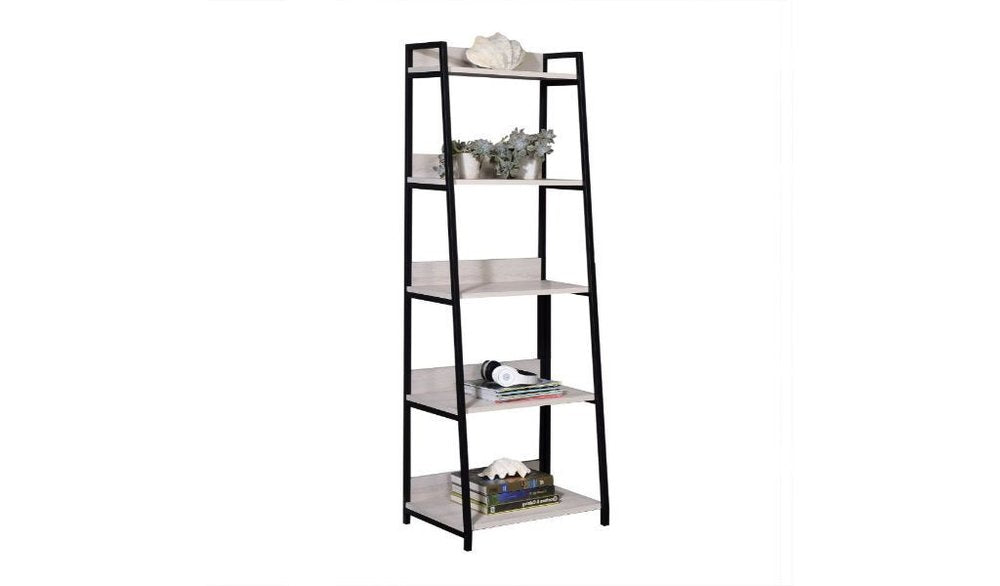 67" Natural and Black Metal Five Tier Ladder Bookcase HomeRoots
