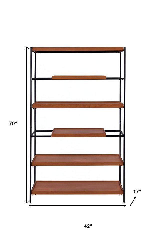 70" Oak And Black Metal and Wood Six Tier Etagere Bookcase HomeRoots