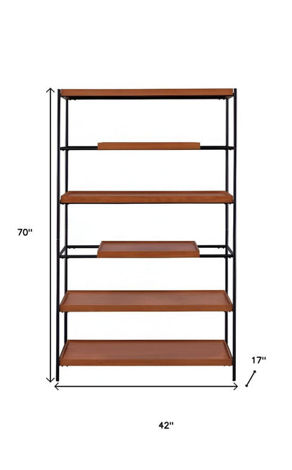 70" Oak And Black Metal and Wood Six Tier Etagere Bookcase HomeRoots