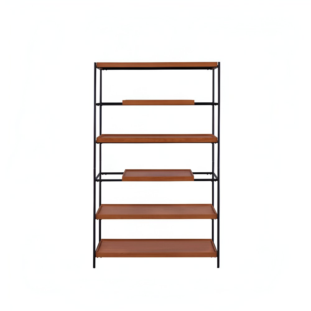 70" Oak And Black Metal and Wood Six Tier Etagere Bookcase HomeRoots