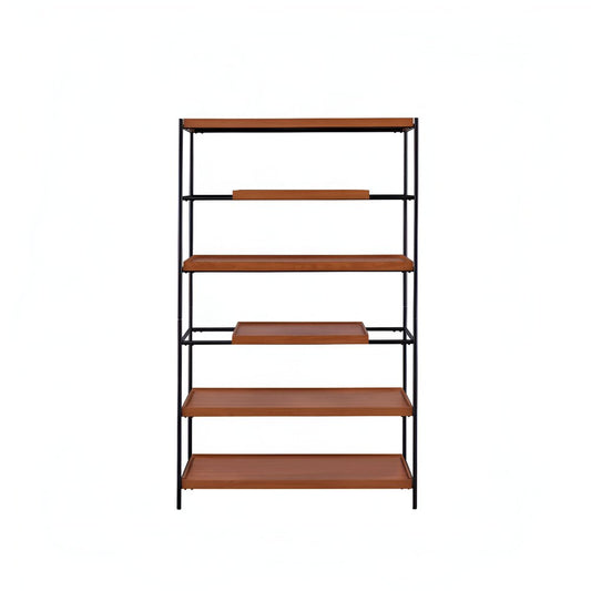 70" Oak And Black Metal and Wood Six Tier Etagere Bookcase HomeRoots