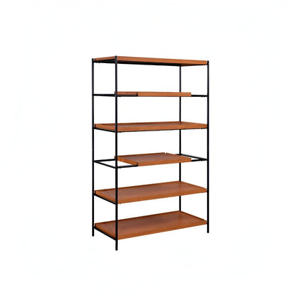 70" Oak And Black Metal and Wood Six Tier Etagere Bookcase HomeRoots