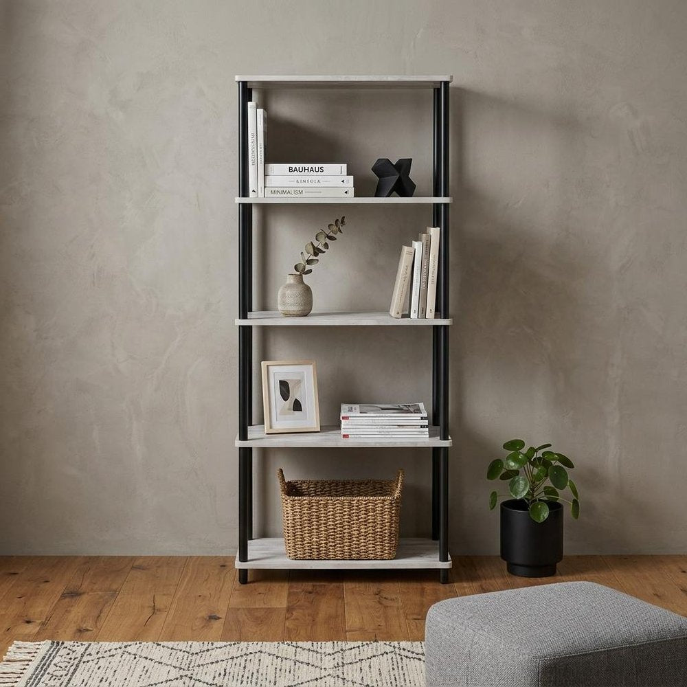 44" Antiqued White And Black Distressed Metal and Wood Four Tier Etagere Bookcase HomeRoots