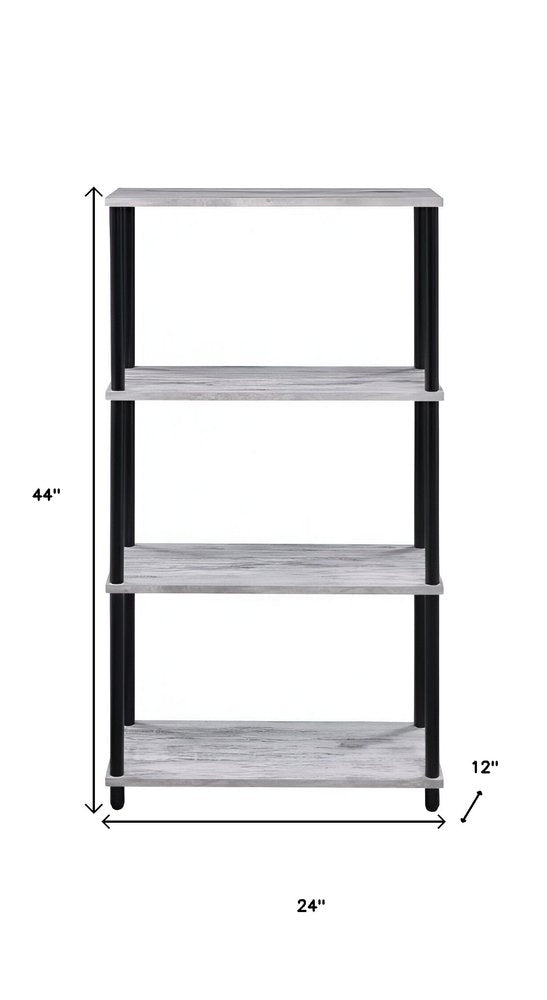 44" Antiqued White And Black Distressed Metal and Wood Four Tier Etagere Bookcase HomeRoots