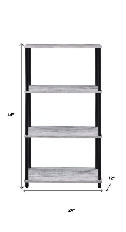 44" Antiqued White And Black Distressed Metal and Wood Four Tier Etagere Bookcase HomeRoots