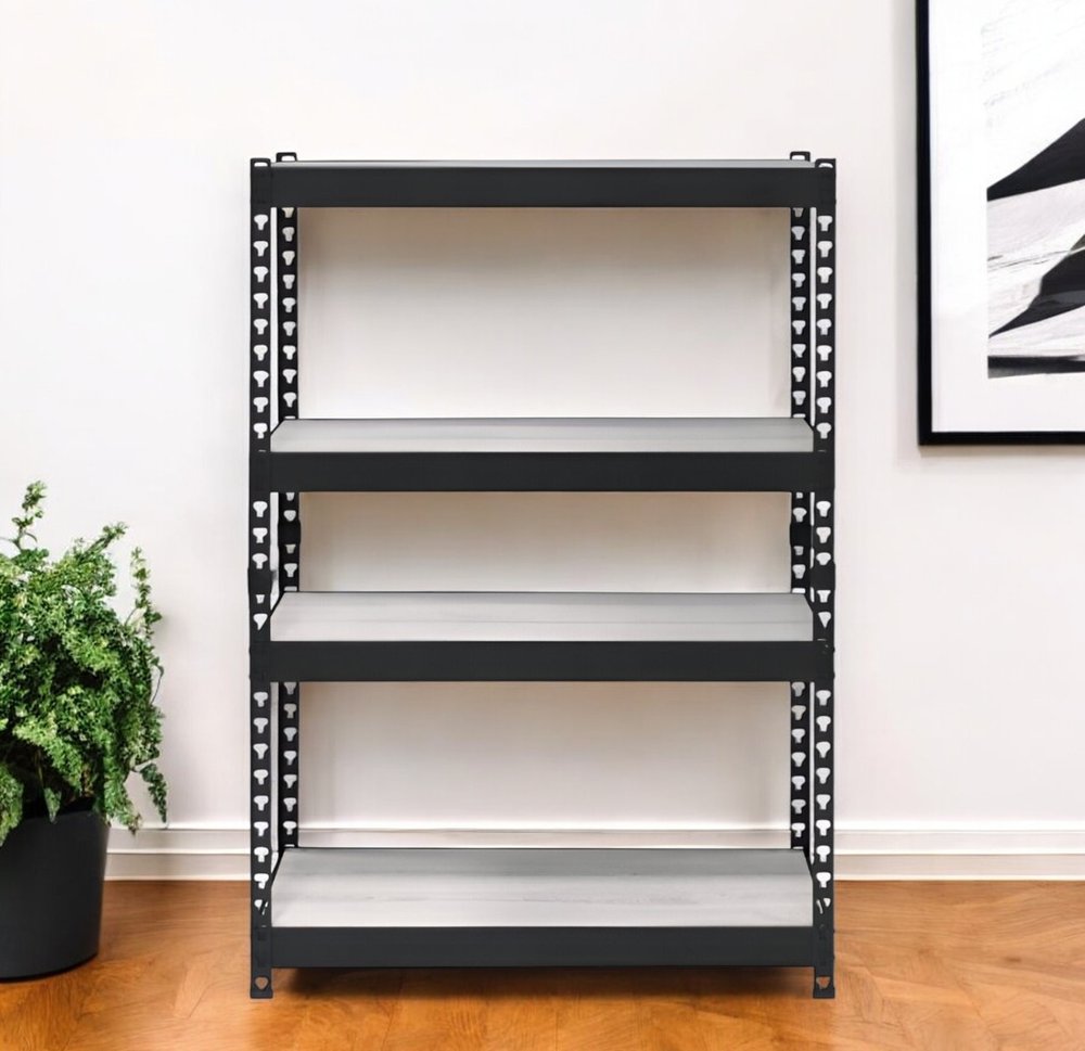 48" Black And Natural Metal and Wood Adjustable Four Tier Bookcase HomeRoots