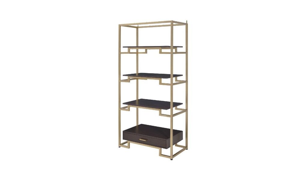 78" Gold and Black Metal Four Tier Etagere Bookcase with a Drawer — view 1