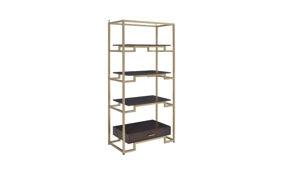 78" Gold and Black Metal Four Tier Etagere Bookcase with a Drawer — view 4
