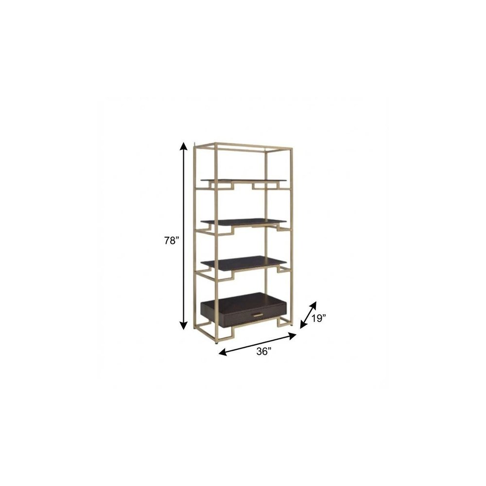 78" Gold and Black Metal Four Tier Etagere Bookcase with a Drawer HomeRoots