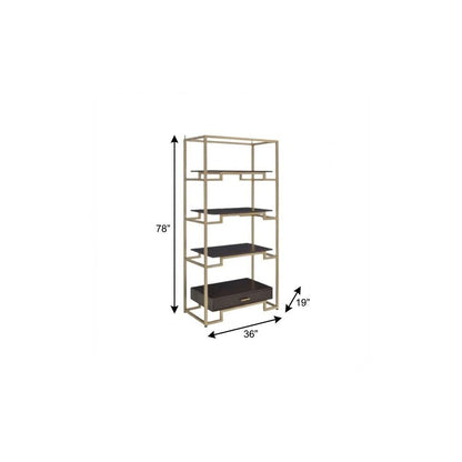 78" Gold and Black Metal Four Tier Etagere Bookcase with a Drawer HomeRoots