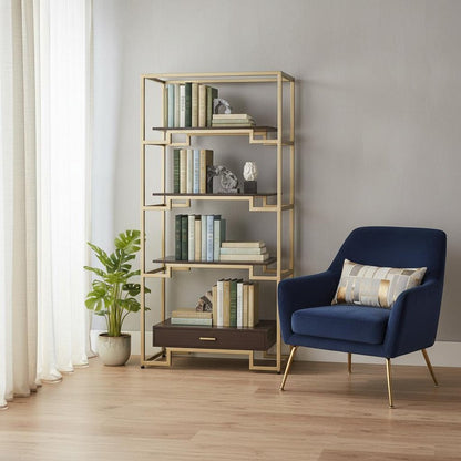 78" Gold and Black Metal Four Tier Etagere Bookcase with a Drawer HomeRoots