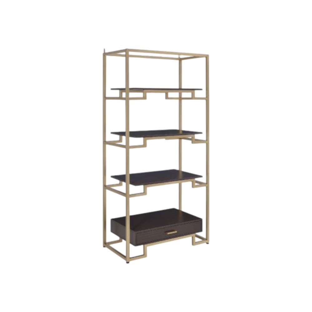 78" Gold and Black Metal Four Tier Etagere Bookcase with a Drawer HomeRoots