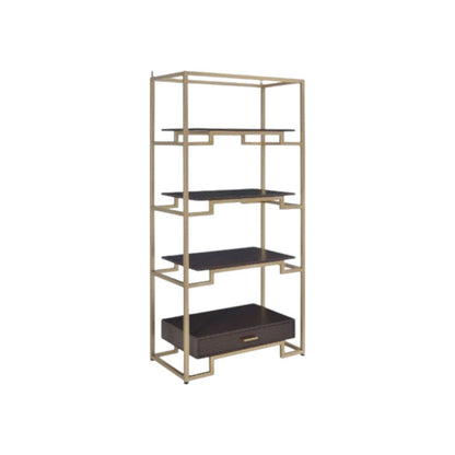 78" Gold and Black Metal Four Tier Etagere Bookcase with a Drawer HomeRoots