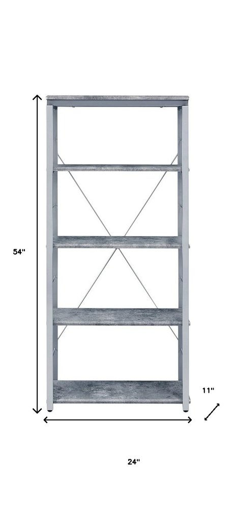 54" Gray And Silver Metal and Wood Four Tier Etagere Bookcase HomeRoots