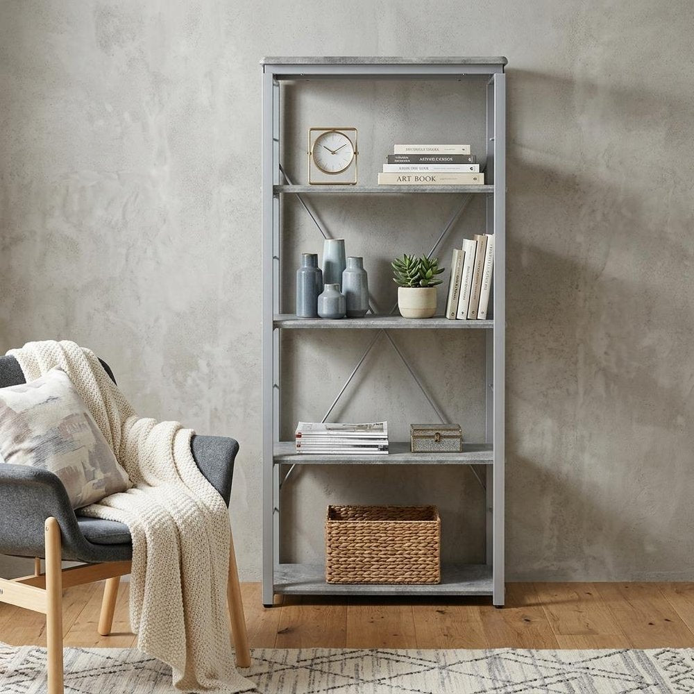 54" Gray And Silver Metal and Wood Four Tier Etagere Bookcase HomeRoots