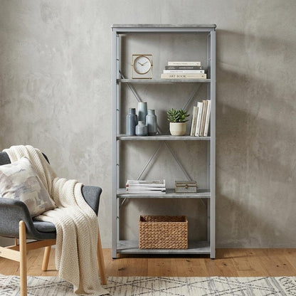 54" Gray And Silver Metal and Wood Four Tier Etagere Bookcase HomeRoots