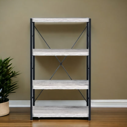 Antiqued White Metal Four Tier Etagere Bookcase