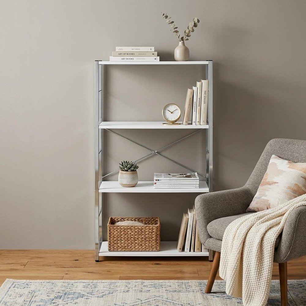 42" White And Silver Metal and Wood Four Tier Etagere Bookcase HomeRoots