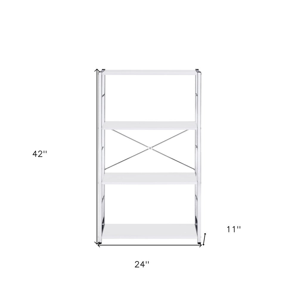42" White And Silver Metal and Wood Four Tier Etagere Bookcase HomeRoots