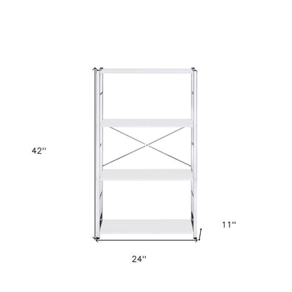 42" White And Silver Metal and Wood Four Tier Etagere Bookcase HomeRoots